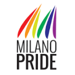 Logotipo de Milano Pride con colores del arcoíris y texto en negro.